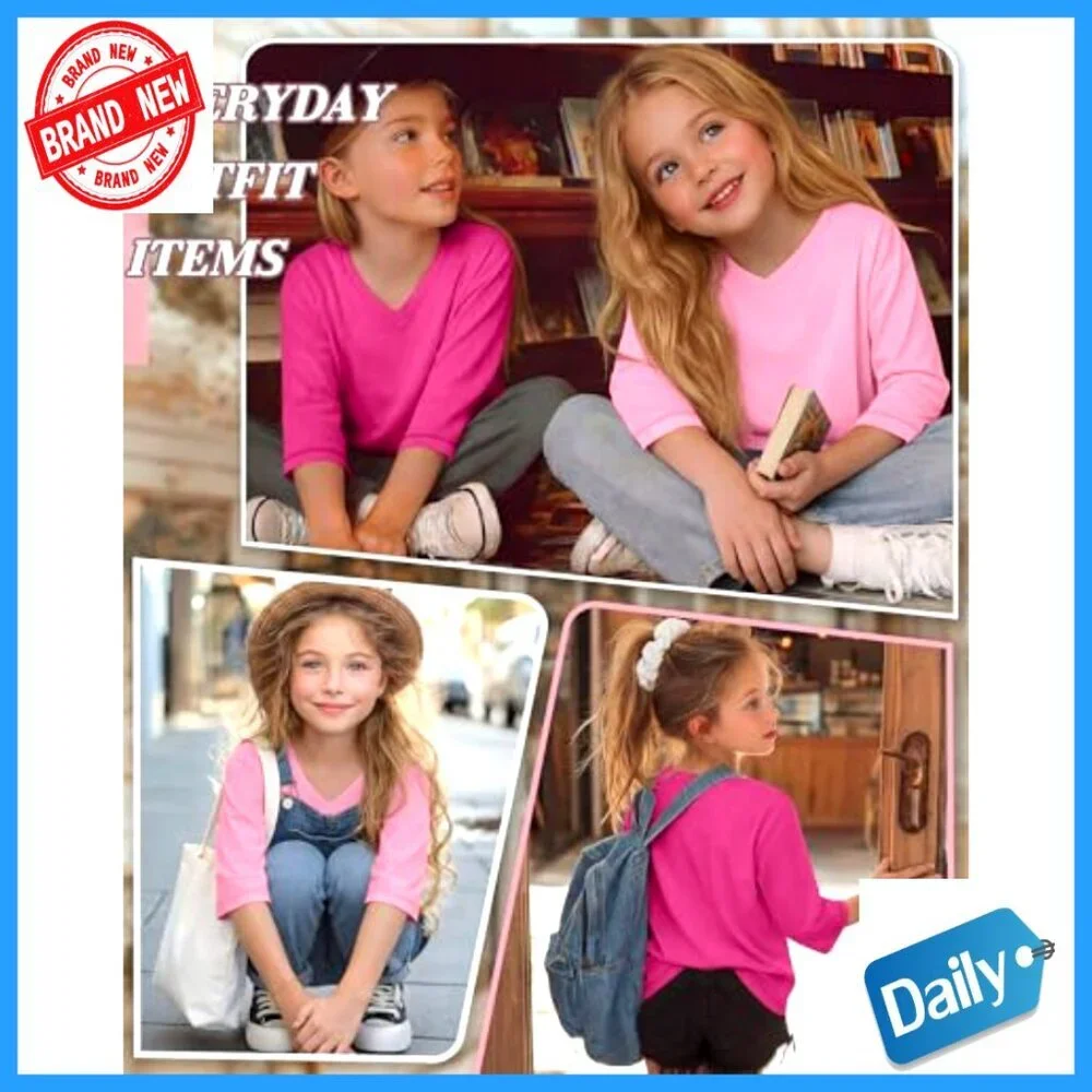 Girls 3-Pack 3/4 Sleeve V-Neck Tees Loose Fit Lightweight Summer Tops
